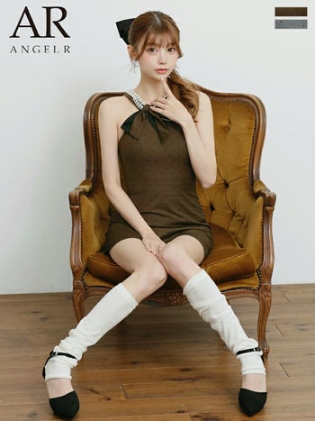 キャバドレス Angel R エンジェルアール パールチェーン ガーリー リボン ドット柄 ホルターネック アシンメトリー フレアミニドレス