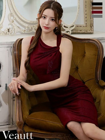 キャバドレス Veautt ヴュート エレガント アシンメトリー ノースリーブ リボンデザイン ラメ 膝丈ドレス