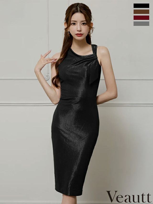 キャバドレス Veautt ヴュート ノースリーブ リボンデザイン ラメ エレガント アシンメトリー 膝丈ドレス