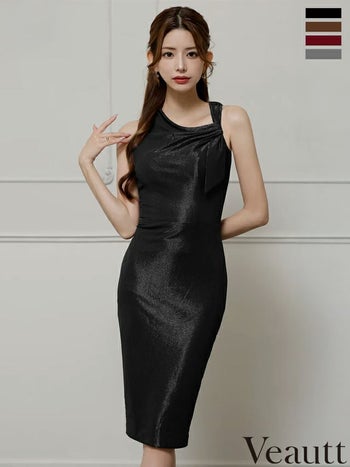 キャバドレス Veautt ヴュート ノースリーブ リボンデザイン ラメ エレガント アシンメトリー 膝丈ドレス