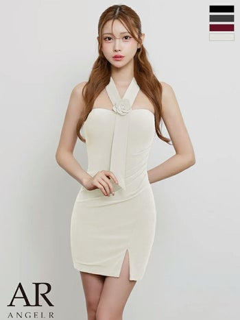 キャバドレス Angel R エンジェルアール ホルターネック デコルテフラワー セクシー サイドスリット ラメ ワンカラー タイトミニドレス