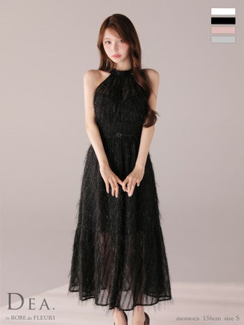 キャバドレス DEA.by ROBE de FLEURS ディア ホルターネック リボン ウエストベルト シースルー フリンジジャガード サテン エレガント Aラインロングドレス