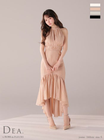 キャバドレス DEA.by ROBE de FLEURS ディア ホルターネック リボン バストカット ウエストギャザー バックオープン オーガンジー サテン エレガント Aラインロングドレス