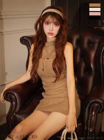 キャバドレス ROBEdeFLEURS ローブドフルール ジップデザイン ノースリーブ ツイード ラメ デコルテカッティング タイトミニドレス