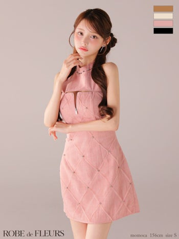 キャバドレス ROBEdeFLEURS ローブドフルール ラメ デコルテカッティング ジップデザイン ノースリーブ ツイード タイトミニドレス