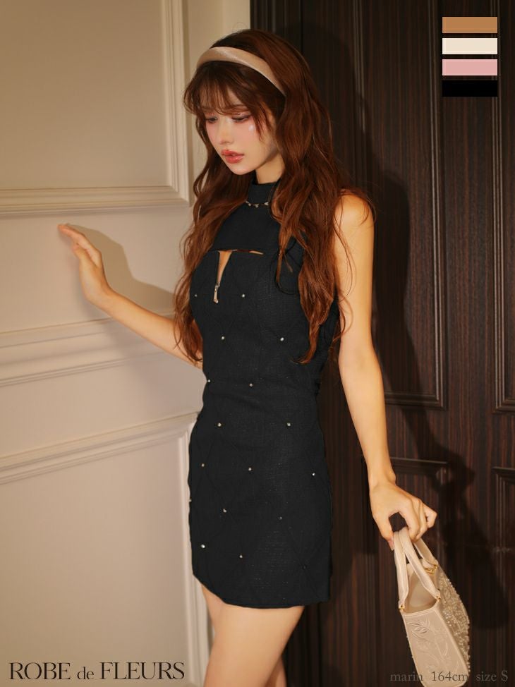 キャバドレス ROBEdeFLEURS ローブドフルール ツイード ラメ ジップデザイン ノースリーブ デコルテカッティング タイトミニドレス