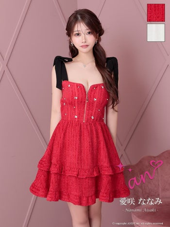 キャバドレス an ノースリーブ ジップデザイン フリル ビジュー ショルダーリボン フレアミニドレス