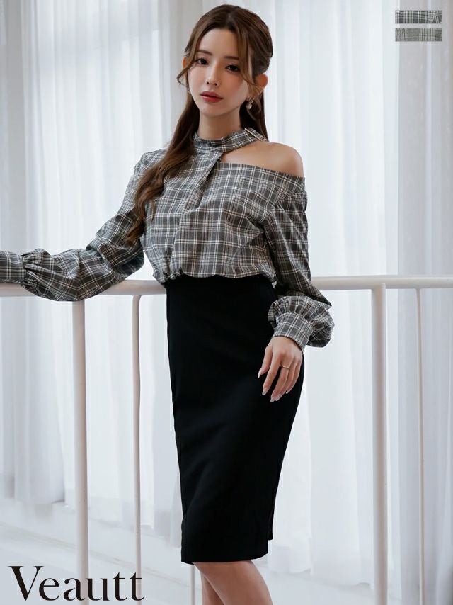 キャバドレス Veautt ヴュート チェック柄 肩あき チョーカー風 長袖 モノトーン タイト 膝丈ドレス