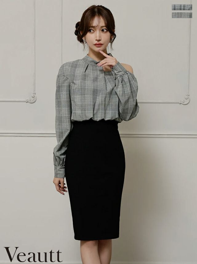 キャバドレス Veautt ヴュート 長袖 モノトーン チェック柄 肩あき チョーカー風 タイト 膝丈ドレス(