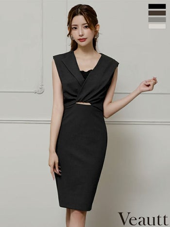 キャバドレス Veautt ヴュート ノースリーブ バックオープン ウエストカット セクシー レースインナー付き タイト 膝丈ドレス