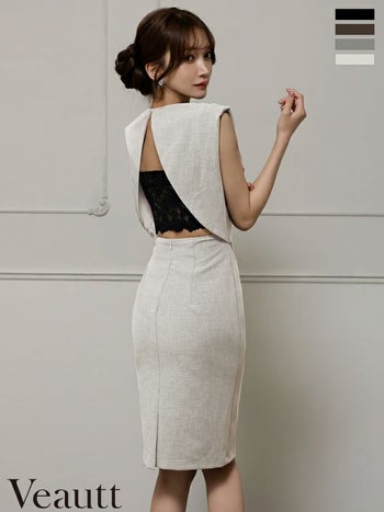 キャバドレス Veautt ヴュート バックオープン ノースリーブ レースインナー付き ウエストカット セクシー タイト 膝丈ドレス