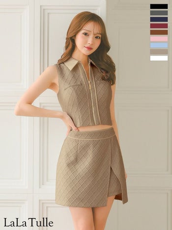 キャバドレス Glossy ROBE de FLEURS グロッシー ローブドフルール セットアップ ワンカラー ジャガードニット ノースリーブ 襟付き ジップデザイン ラップスカート タイトミニドレス