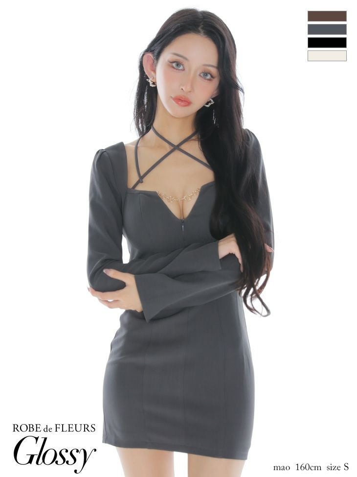 キャバドレス Glossy ROBE de FLEURS グロッシー ローブドフルール バストカット 長袖 ホルターリボン ラメツイード ゴールドチェーン ワンカラー セクシー タイトミニドレス