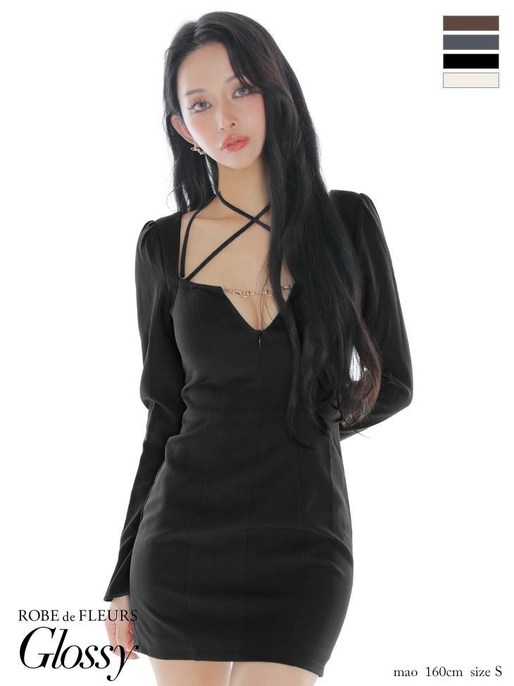 キャバドレス Glossy ROBE de FLEURS グロッシー ローブドフルール ラメツイード ゴールドチェーン 長袖 ホルターリボン バストカット ワンカラー セクシー タイトミニドレス