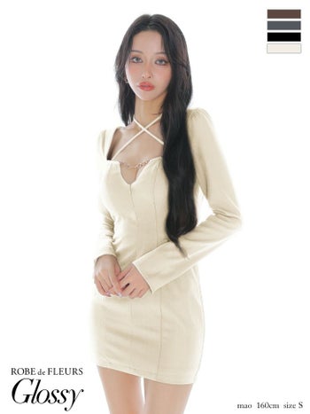 キャバドレス Glossy ROBE de FLEURS グロッシー ローブドフルール ゴールドチェーン ワンカラー 長袖 ホルターリボン バストカット ラメツイード セクシー タイトミニドレス