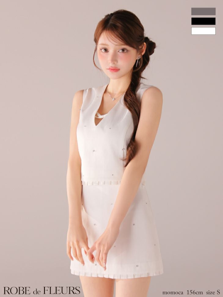 キャバドレス ROBEdeFLEURS ローブドフルール セットアップ ストーン付き ガーリー ノースリーブ バストリボン フレアミニドレス