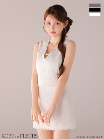 キャバドレス ROBEdeFLEURS ローブドフルール セットアップ ストーン付き ガーリー ノースリーブ バストリボン フレアミニドレス