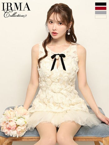 キャバドレス IRMA イルマ ノースリーブ フラワーレース バストカット リボン チュール フレアミニドレス
