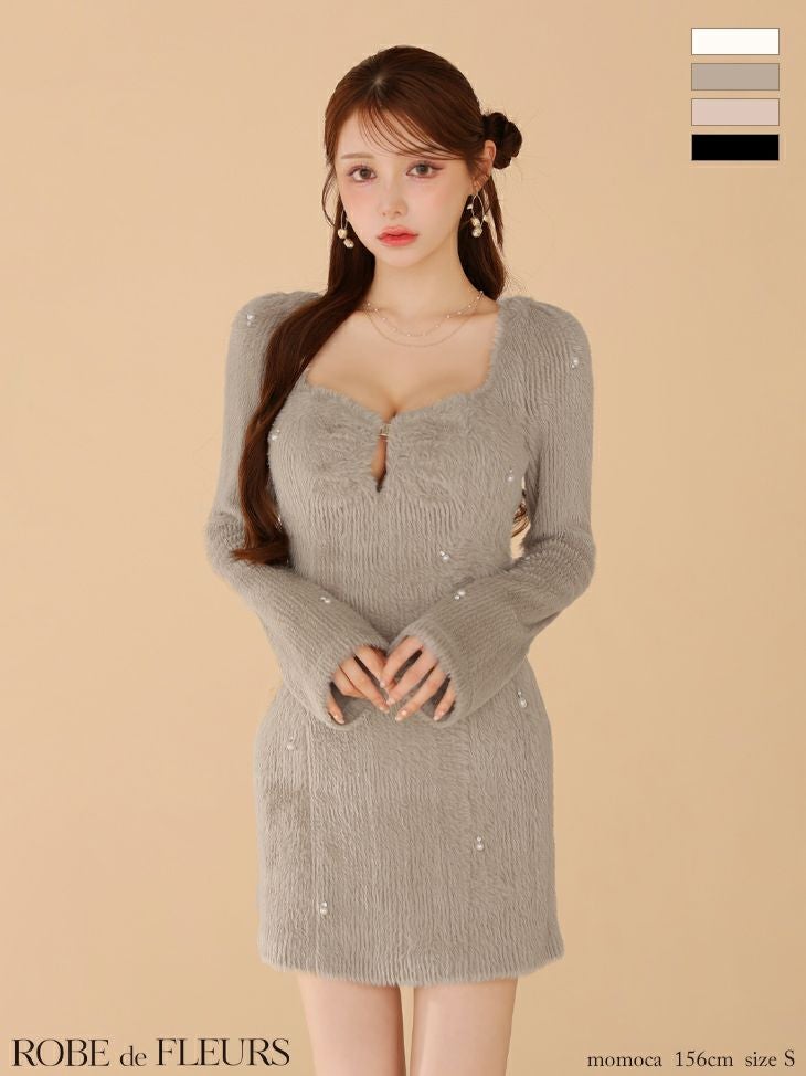 キャバドレス ROBEdeFLEURS ローブドフルール フェザーニット ハートカット 長袖 パール シンプル タイトミニドレス
