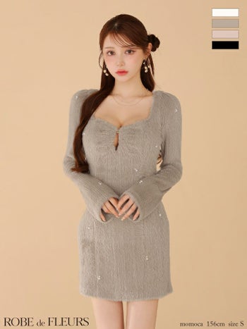 キャバドレス ROBEdeFLEURS ローブドフルール フェザーニット ハートカット 長袖 パール シンプル タイトミニドレス