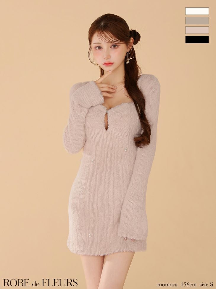 キャバドレス ROBEdeFLEURS ローブドフルール パール 長袖 フェザーニット ハートカット シンプル タイトミニドレス