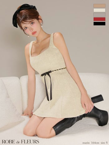 キャバドレス ROBEdeFLEURS ローブドフルール ノースリーブ ラメ メルトン ウエストリボン シンプル ガーリー フレアミニドレス