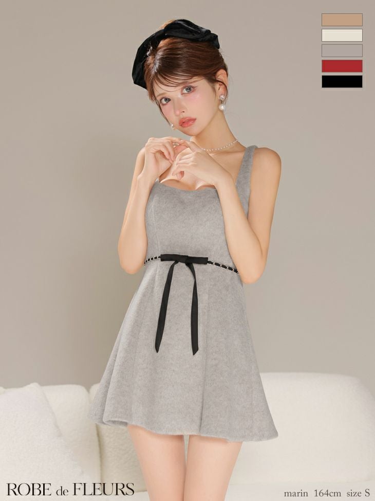 キャバドレス ROBEdeFLEURS ローブドフルール メルトン シンプル ノースリーブ ウエストリボン ラメ ガーリー フレアミニドレス