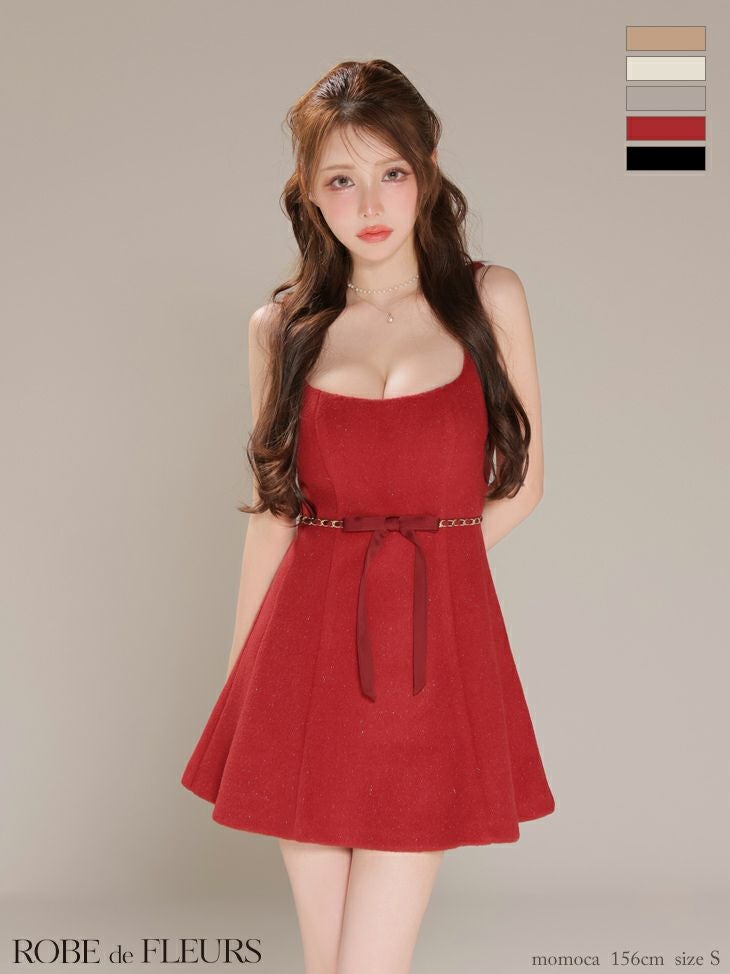 キャバドレス ROBEdeFLEURS ローブドフルール ウエストリボン ラメ ノースリーブ メルトン シンプル ガーリー フレアミニドレス