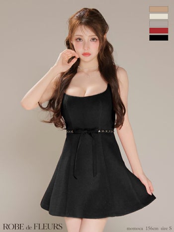 キャバドレス ROBEdeFLEURS ローブドフルール ノースリーブ ラメ メルトン ウエストリボン シンプル ガーリー フレアミニドレス