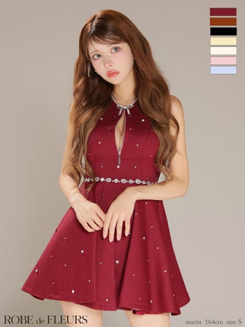 キャバドレス ROBEdeFLEURS ローブドフルール サマーツイード リボンビジュー ノースリーブ ジップデザイン ガーリー フレアミニドレス