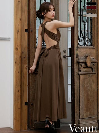 キャバドレス Veautt ヴュート Vカット ウエストクロス バックオープン リボン ワンカラー ノースリーブ Aラインロングドレス