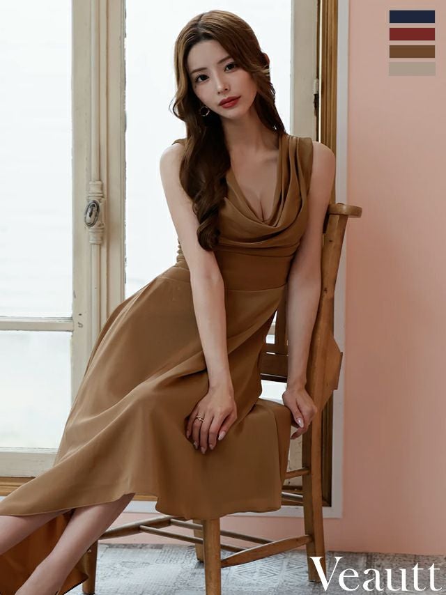 キャバドレス Veautt ヴュート バストドレープ ノースリーブ アシンメトリー エレガント ワンカラー シンプル Aラインロングドレス