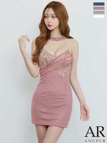 キャバドレス Angel R エンジェルアール ホルターネック セクシー バストメッシュ ビジュー 刺繍 シアー タイトミニドレス