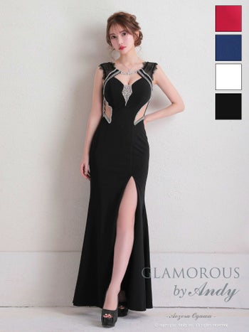 キャバドレス GLAMOROUS ワンカラー スリット ビジュー レース くびれ透け ノースリーブ マーメイドロングドレス