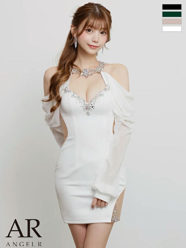 キャバドレス Angel R エンジェルアール セクシー オープンバスト くびれ透け ビジュー ホルターネック 肩あき 長袖 シフォン タイトミニドレス