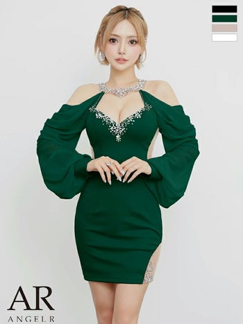 キャバドレス Angel R エンジェルアール 長袖 シフォン セクシー オープンバスト ホルターネック 肩あき くびれ透け ビジュー タイトミニドレス