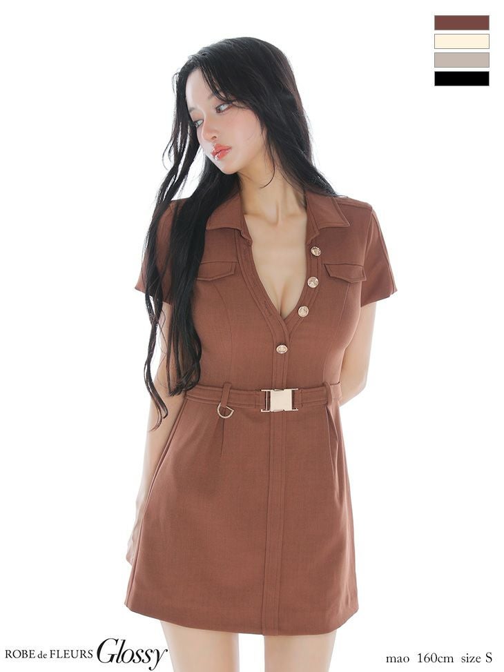 キャバドレス Glossy ROBE de FLEURS グロッシー ローブドフルール 襟付き Vネック バストカット ウエストベルト 半袖 シンプル セクシー タイトミニドレス