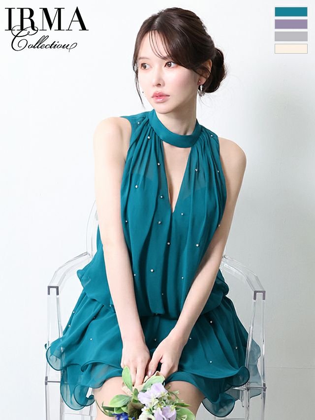 キャバドレス IRMA イルマ ノースリーブ シフォン フリル ティアード バストカット フレアミニドレス