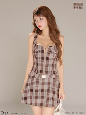 キャバドレス DEA. ROBE de FLEURS ディア ローブドフルール ノースリーブ ウエストベルト チェック柄 ジップデザイン Vカット タイトミニドレス