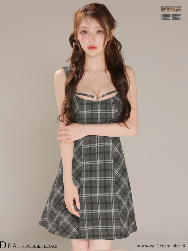 キャバドレス DEA. ROBE de FLEURS ディア ローブドフルール チェック柄 ふんわり起毛 フェミニン キャミソール プリーツスカート フレアミニドレス