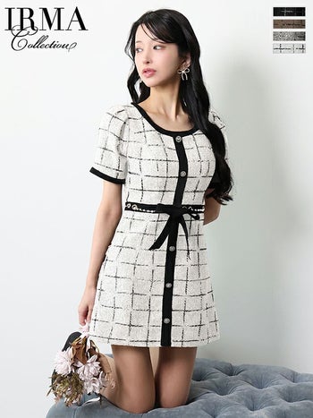 キャバドレス IRMA イルマ チェック柄 リボンベルト ツイード 半袖 ラメ フレアミニドレス
