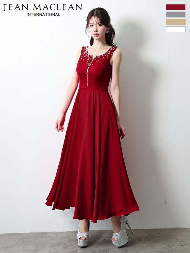キャバドレス JEANMACLEAN ジャンマクレーン ノースリーブ ジップデザイン ストレッチサテン ビジュー エレガント Aラインロングドレス