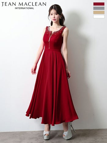 キャバドレス JEANMACLEAN ジャンマクレーン ノースリーブ ジップデザイン ストレッチサテン ビジュー エレガント Aラインロングドレス