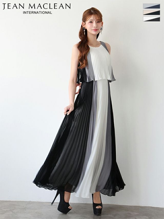 キャバドレス JEANMACLEAN ジャンマクレーン シフォン ノースリーブ プリーツ ストライプ シンプル Aラインロングドレス