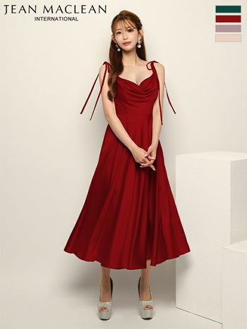 キャバドレス JEANMACLEAN ジャンマクレーン キャミソール リボンショルダー バストドレープ ストレッチサテン シンプル Aラインロングドレス