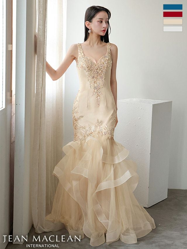 キャバドレス JEANMACLEAN ジャンマクレーン ノースリーブ ビジュー バースデー サテン レース 裾フリル フレアロングドレス