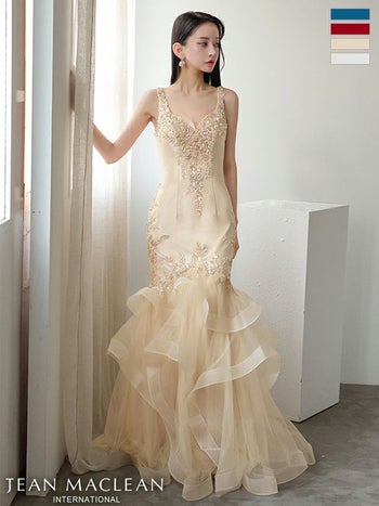 キャバドレス JEANMACLEAN ジャンマクレーン ノースリーブ ビジュー バースデー サテン レース 裾フリル フレアロングドレス