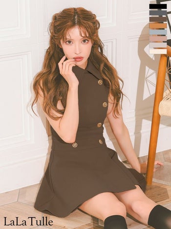 キャバドレス DEA. ROBE de FLEURS ディア ローブドフルール 襟付き プリーツ ダブルボタン シンプル ノースリーブ メルトン フレアミニドレス