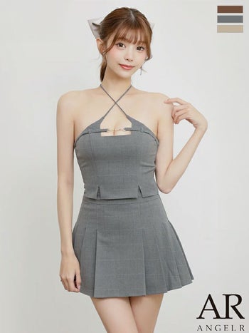 キャバドレス Angel R エンジェルアール クロスストラップ バストチャーム カッティング チェック柄 セットアップ プリーツスカート フェミニン ホルターネック フレアミニドレス