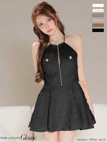キャバドレス Glossy by ROBE de FLEURS グロッシー ジップデザイン チェック柄 レース ツイル セットアップ モード ホルターネック フレアミニドレス